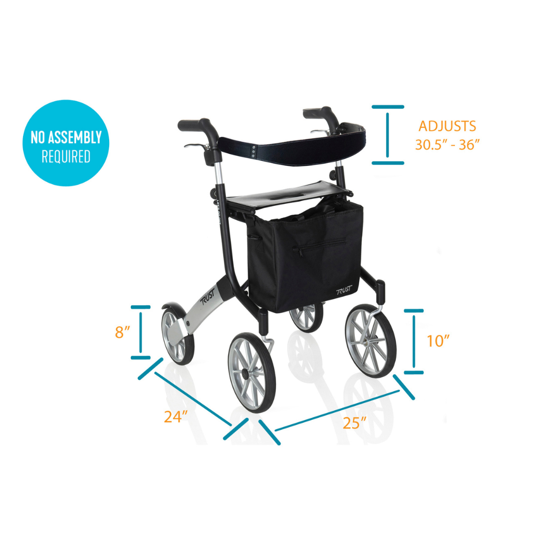 Trust Care Let’s Go Out Euro-Style Folding Rollator with Seat & Storage dims