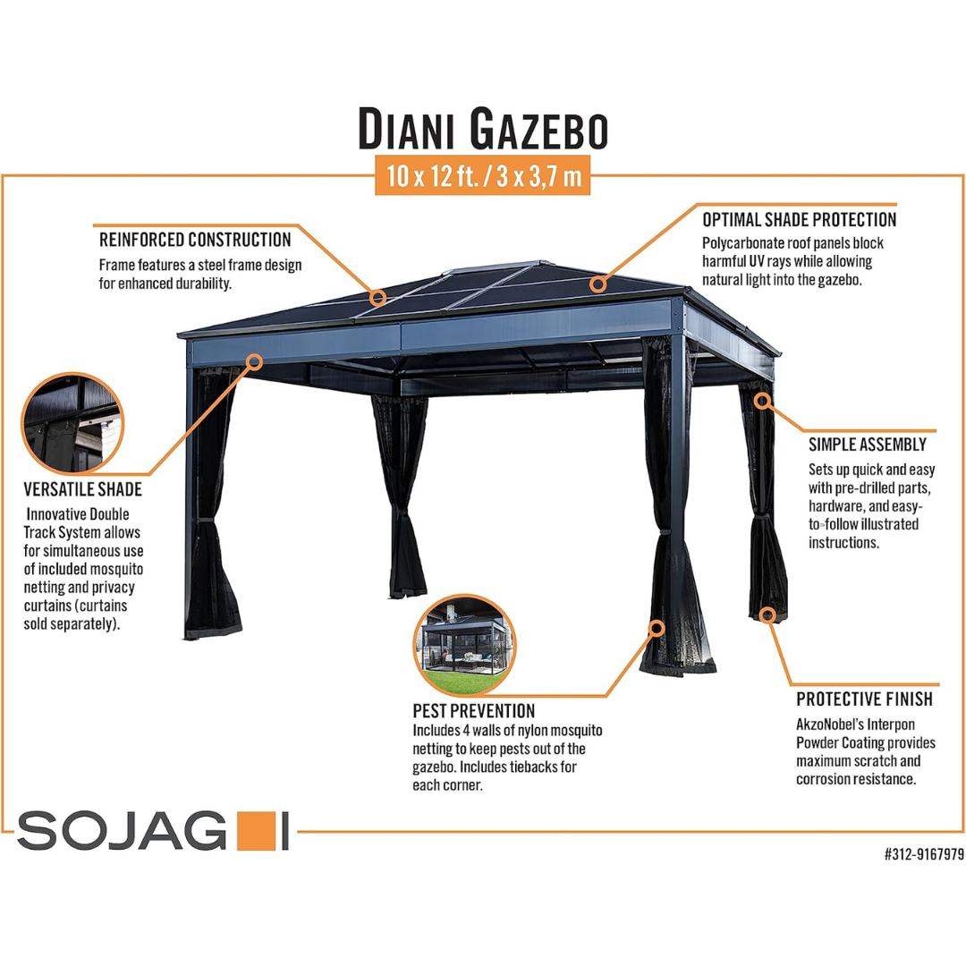 Sojag Diani All-Season Gazebo with Shade Protection - 10 Ft. X 12 Ft.