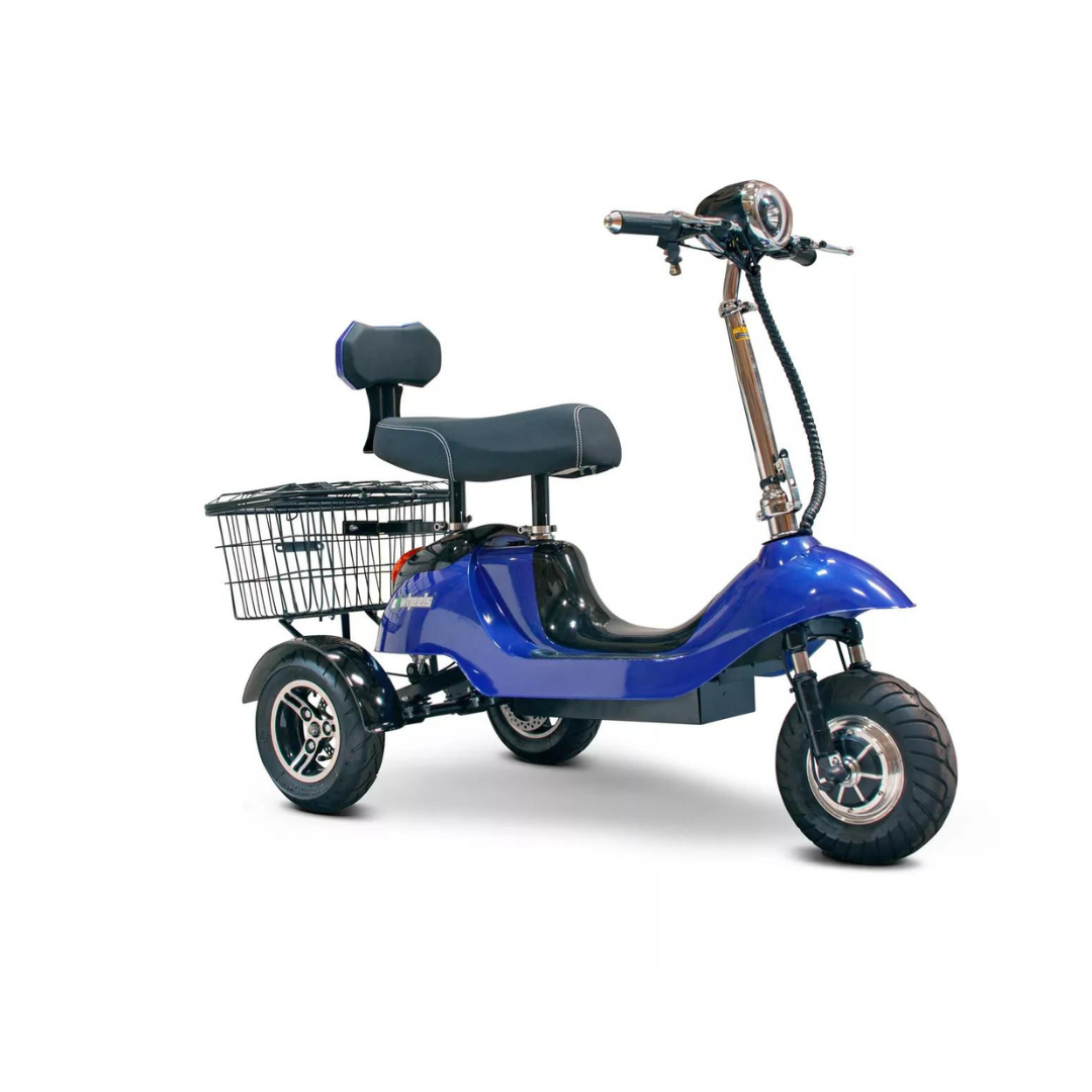 EWheels Sporty Folding Electric 3 Wheeled Scooter with Rear Basket – 15 MPH - Senior.com Scooters