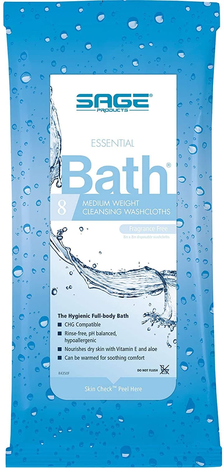 Sage Fragrance-Free Comfort Bath Cleansing Washcloths - 8 Wipes Per Pack - Senior.com Bathing Wipes