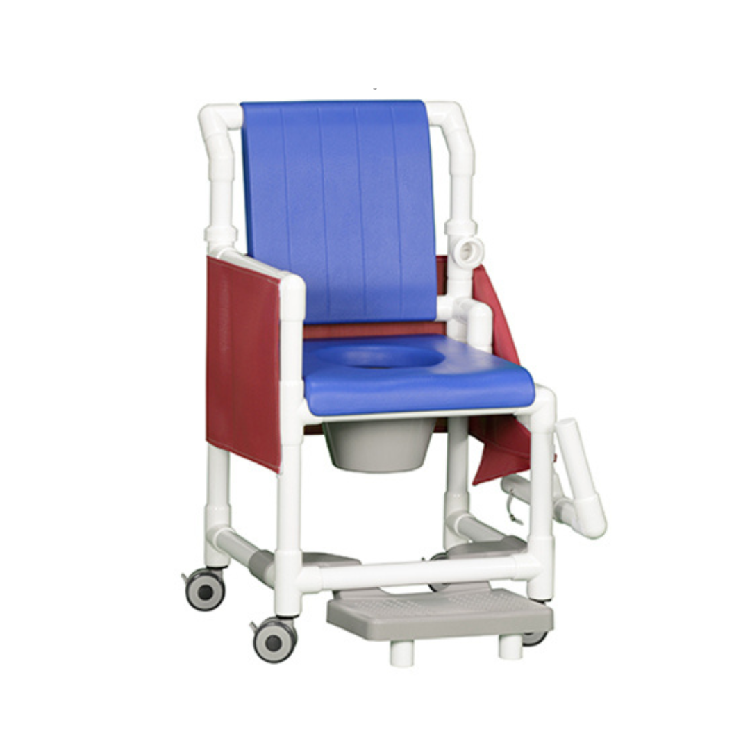 IPU Deluxe PVC Rolling Shower Chair Commode W/Deluxe Backrest, Left Drop Arm, Slideout Footrest, and Privacy Skirt - Senior.com PVC Shower Chairs