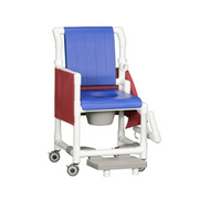 IPU Deluxe PVC Rolling Shower Chair Commode W/Deluxe Backrest, Left Drop Arm, Slideout Footrest, and Privacy Skirt - Senior.com PVC Shower Chairs