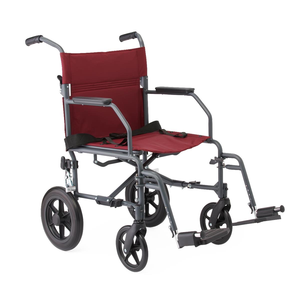 Medline Basic Steel Folding Transport Chair with 12" Wheels - Gray and Burgundy - Senior.com Transport Chairs