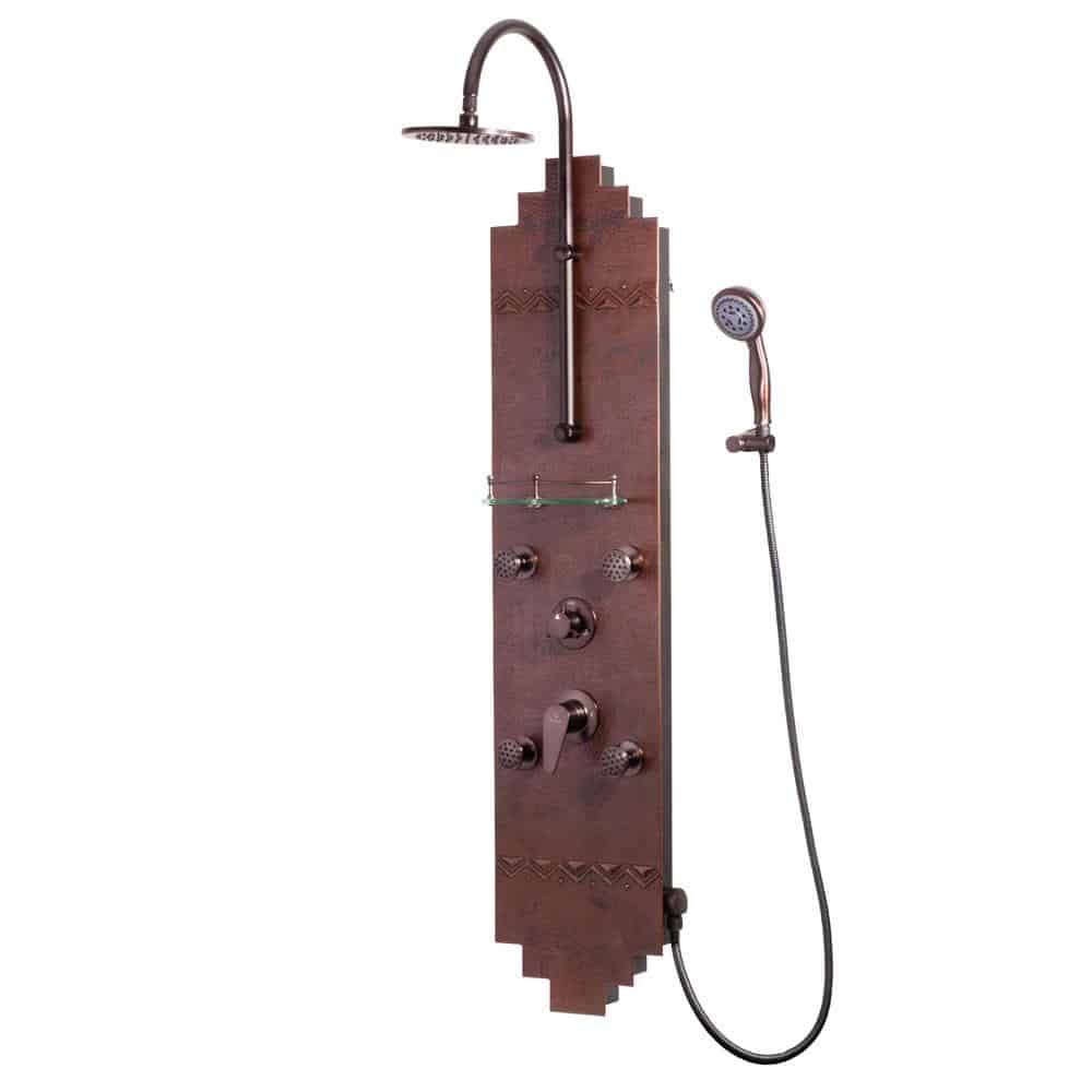 Pulse ShowerSpas Navajo ShowerSpa Panel with 8" Rain Showerhead, 4 Body Spray Jets, 5-Function Hand Shower, Glass Shelf, Hand Hammered Copper with Oil-Rubbed Bronze Finish - Senior.com Shower Systems