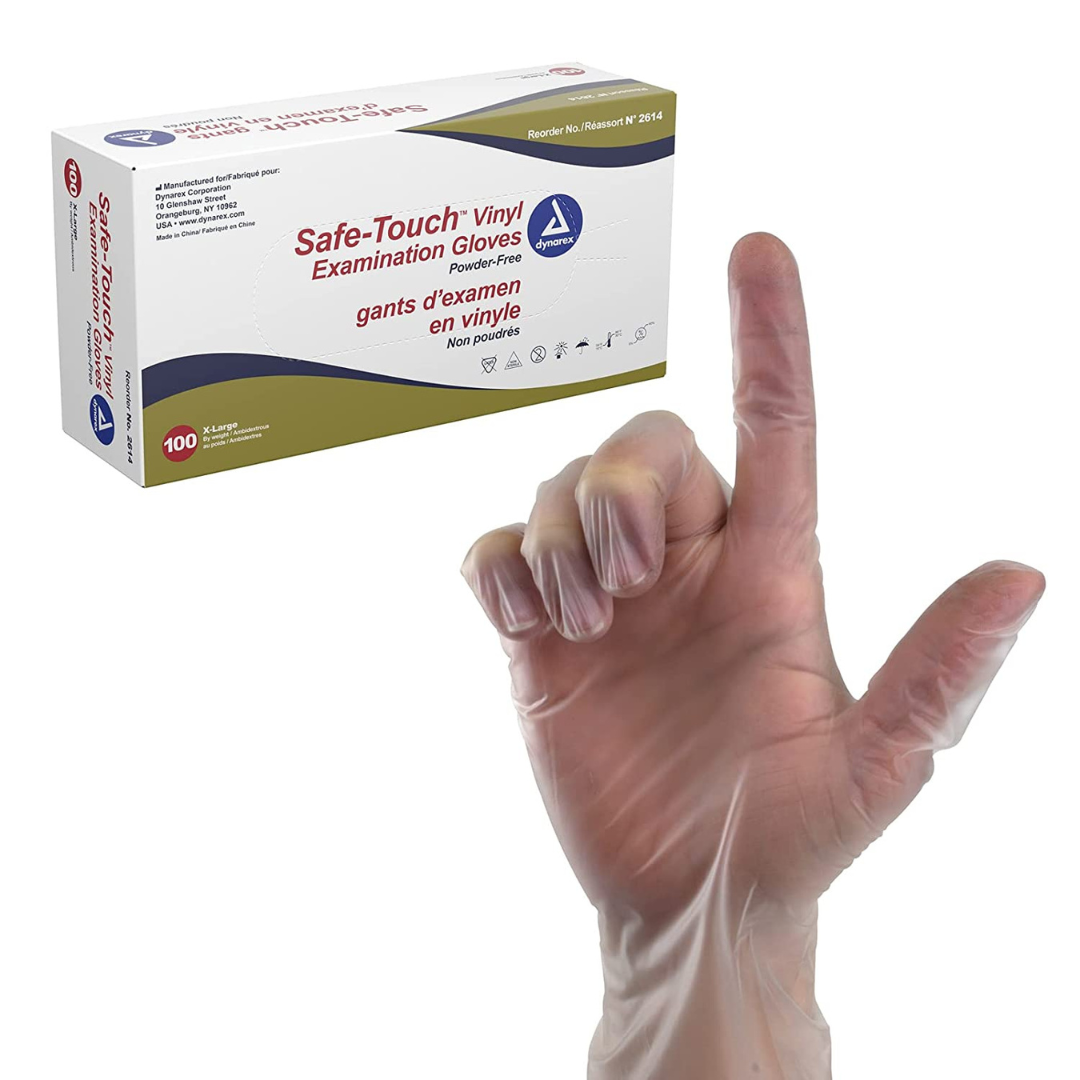 Dynarex Safe-Touch Vinyl Stretch Exam Gloves - Powder Free - Clear - Senior.com Exam Gloves
