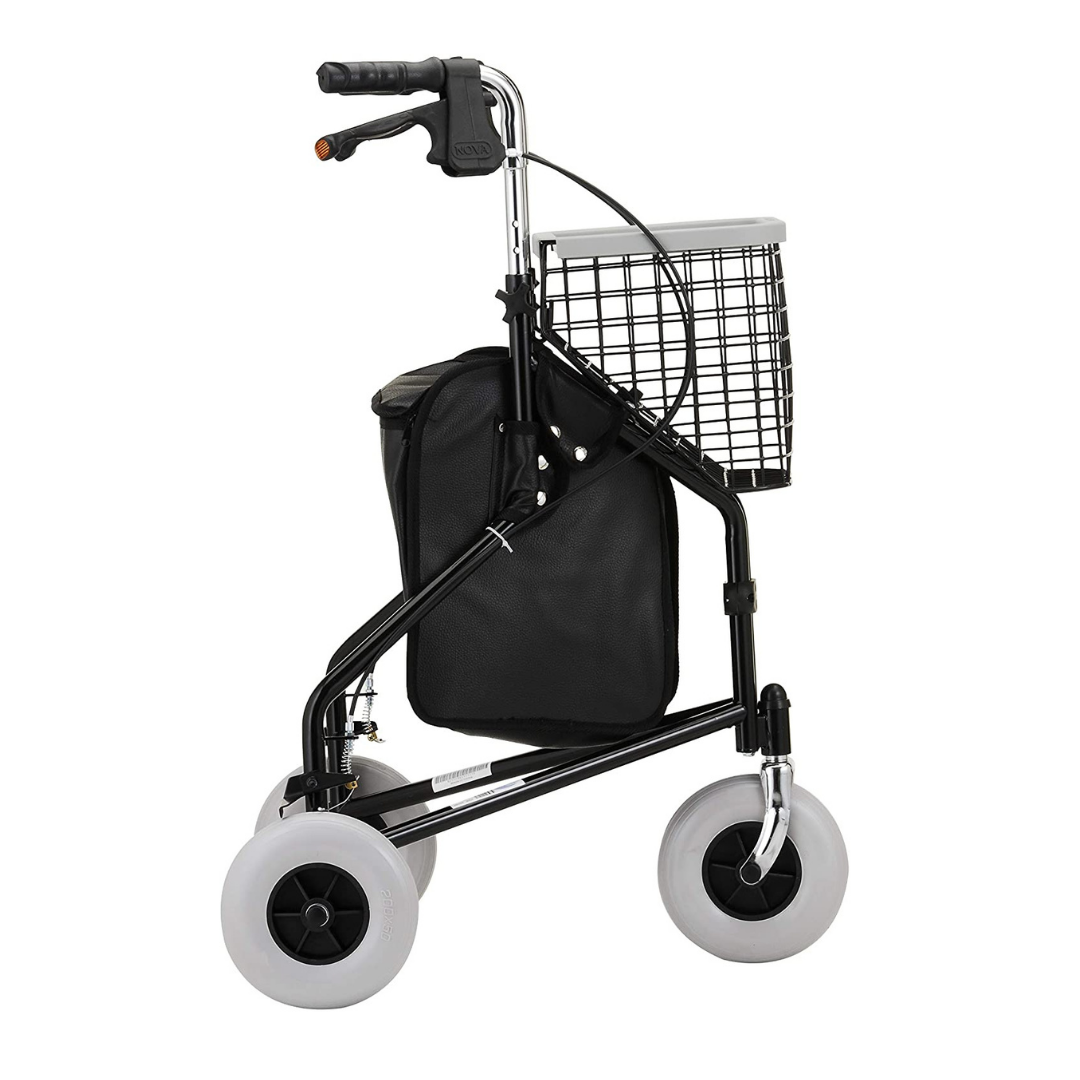 Nova Medical Traveler 3 Wheel Rollator Walker - 8” Wheels, Includes Bag, Basket and Tray - Senior.com Rollators