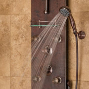 Pulse ShowerSpas Navajo ShowerSpa Panel with 8" Rain Showerhead, 4 Body Spray Jets, 5-Function Hand Shower, Glass Shelf, Hand Hammered Copper with Oil-Rubbed Bronze Finish - Senior.com Shower Systems