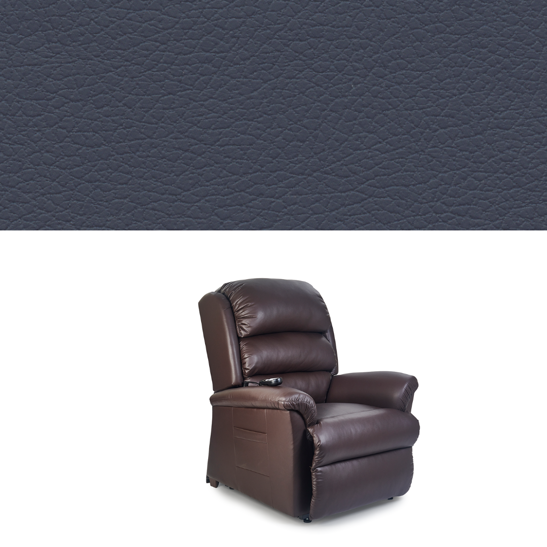 Blue-grey recliner with raised headrest and soft fabric, along with a small display swatch above