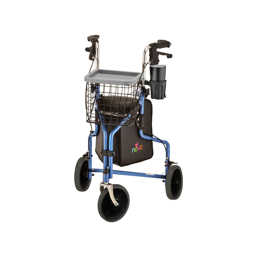 Nova Medical Traveler 3 Wheel Rollator Walker - 8” Wheels, Includes Bag, Basket and Tray - Senior.com Rollators