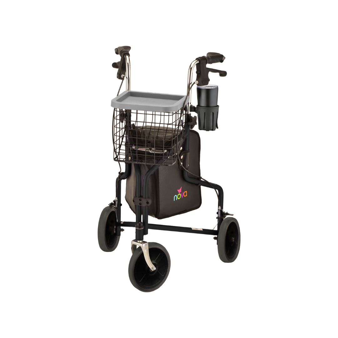 Nova Medical Traveler 3 Wheel Rollator Walker - 8” Wheels, Includes Bag, Basket and Tray - Senior.com Rollators