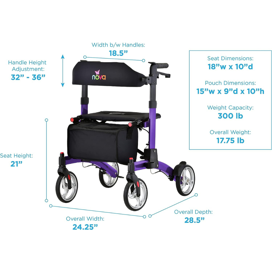Nova Medical 4329 Monarch Adventure Foldable Rollator Walker with Large All Terrain 8” Wheels & Ultra Compact - Senior.com Rollators