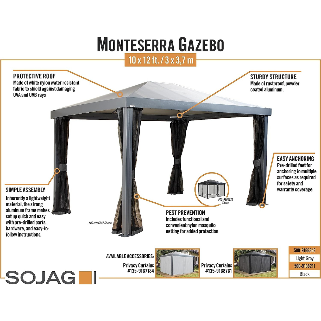 Sojag Monteserra 10 Ft. X 12 Ft. Hardtop Gazebo with Wrap-Around Netting - Senior.com Gazebos