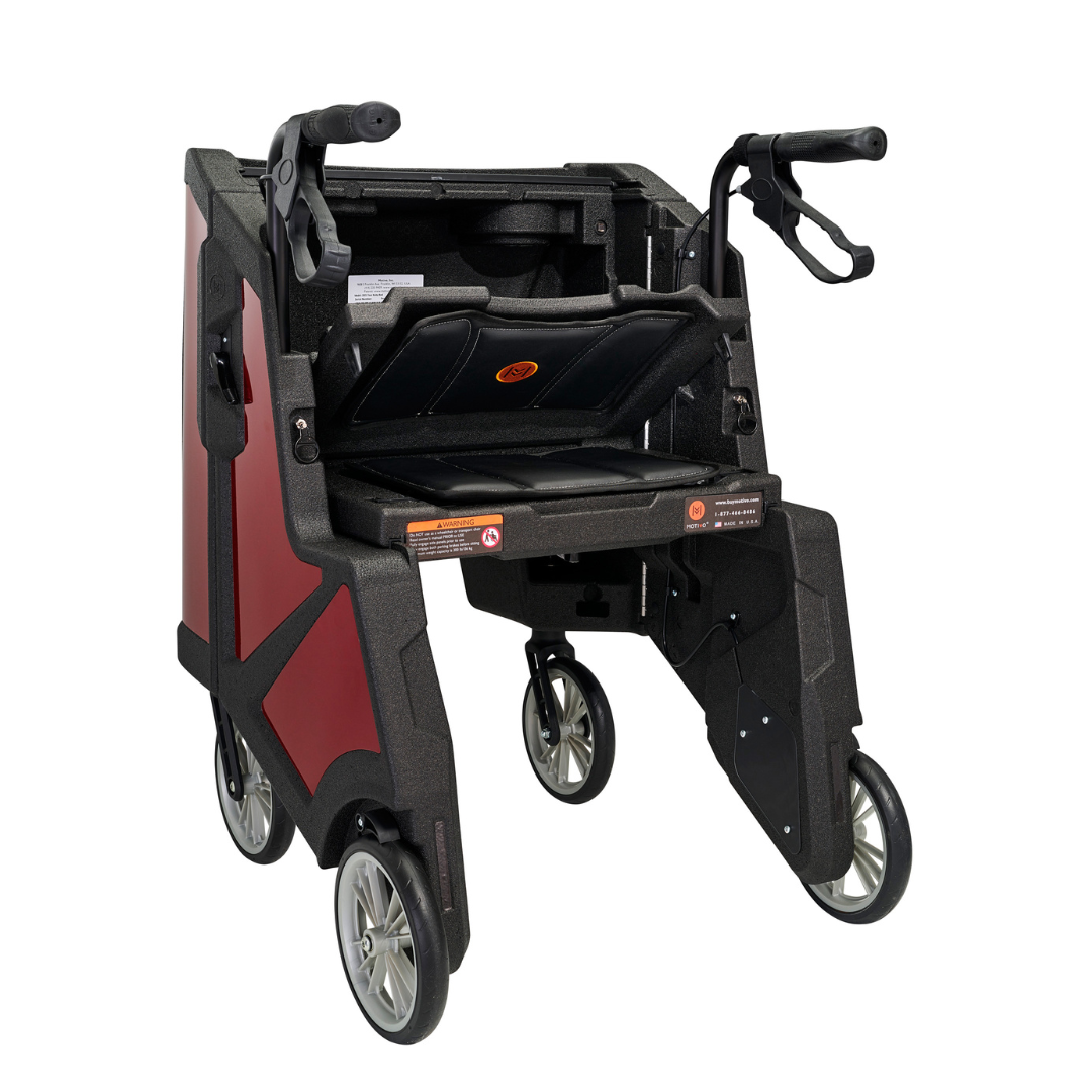 Motivo Tour Rolling Upright Walker - Folding 4-Wheel Rollator with Tray, Cup Holders, Seat & Storage - Senior.com Rollators