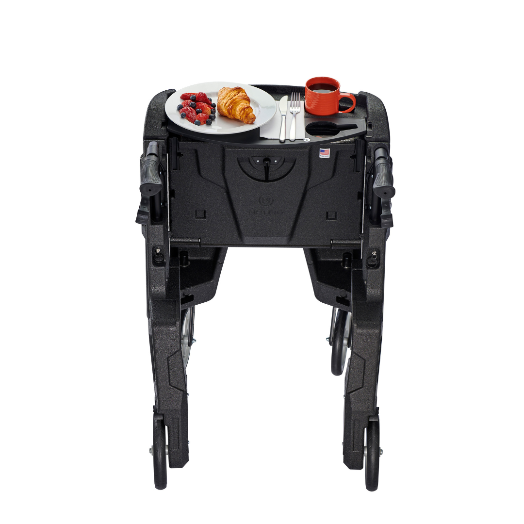 Motivo Tour Rolling Upright Walker - Folding 4-Wheel Rollator with Tray, Cup Holders, Seat & Storage - Senior.com Rollators