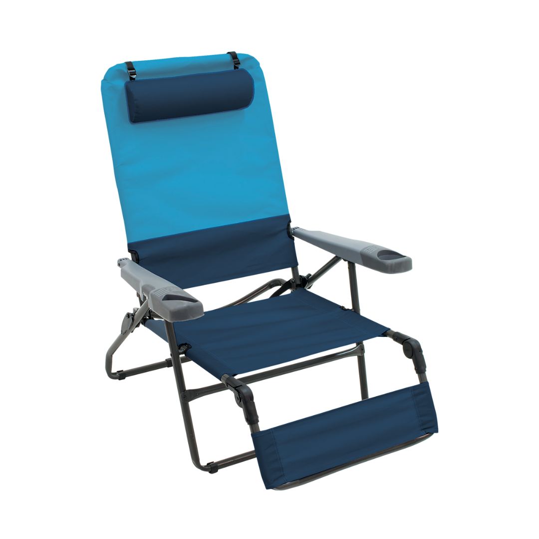 RIO Camp & Go Ottoman Lounge 4-Position Chair - Blue Sky/Navy - Senior.com Beach Chairs