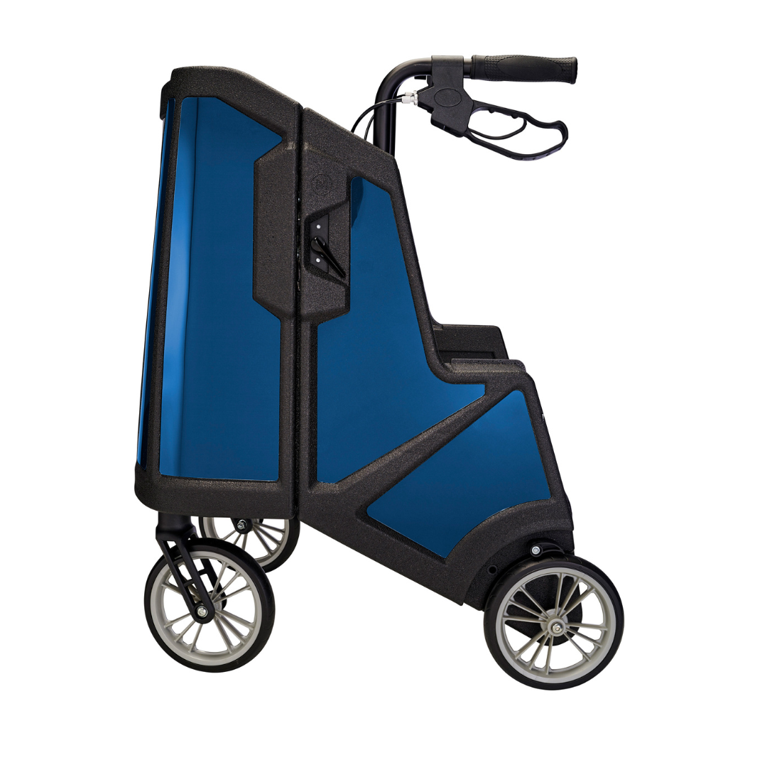 Motivo Tour Rolling Upright Walker - Folding 4-Wheel Rollator with Tray, Cup Holders, Seat & Storage - Senior.com Rollators