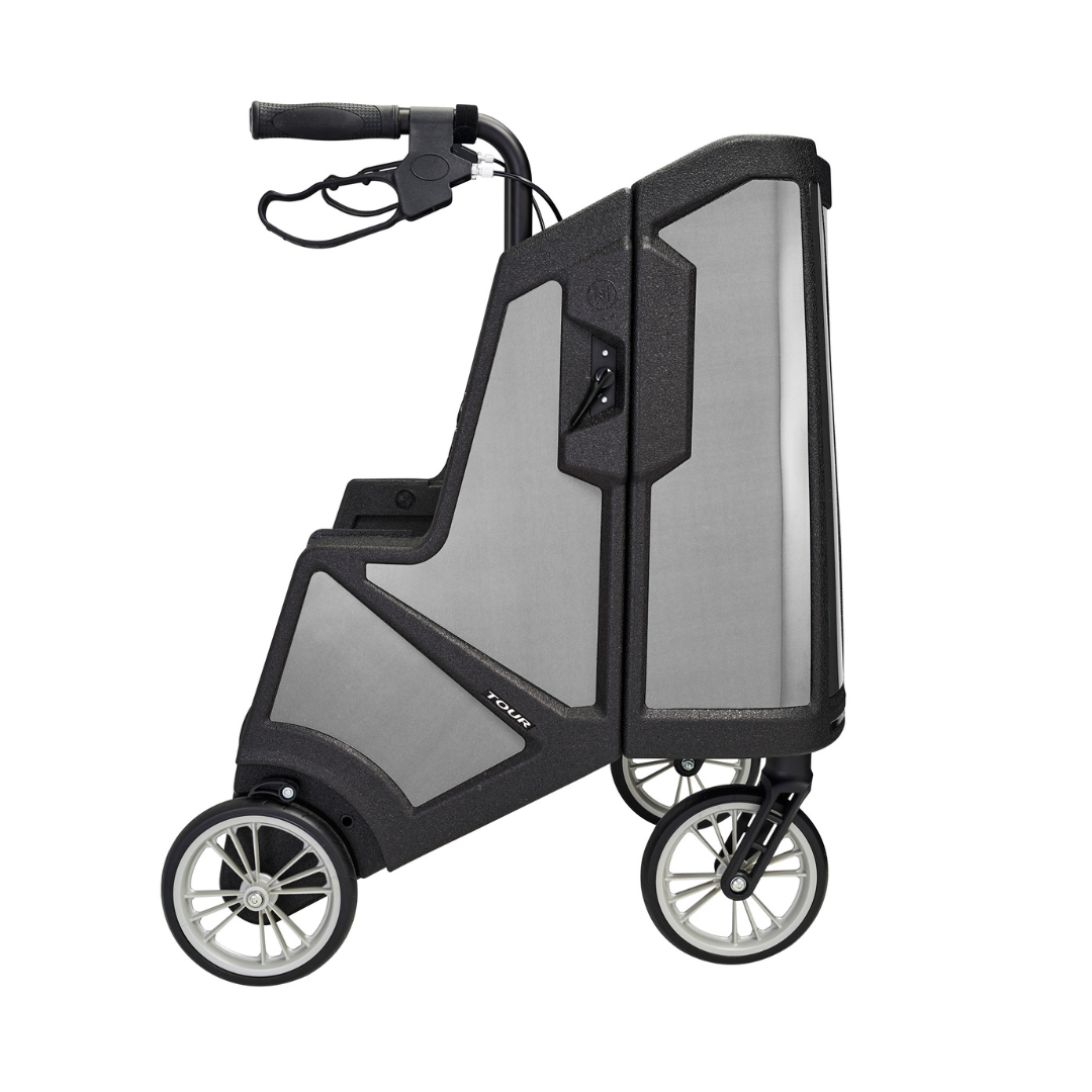 Motivo Tour Rolling Upright Walker - Folding 4-Wheel Rollator with Tray, Cup Holders, Seat & Storage - Senior.com Rollators