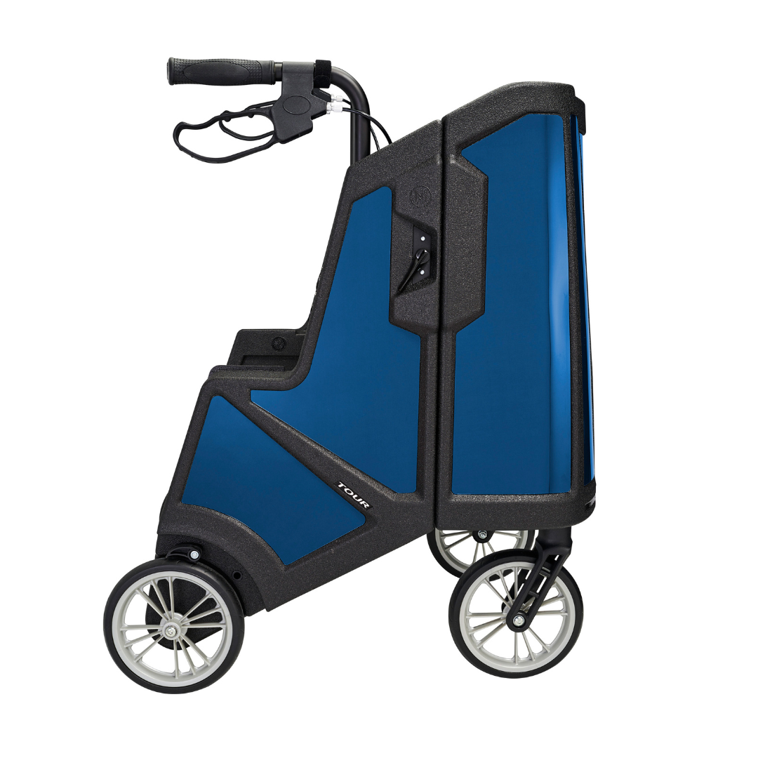 Motivo Tour Rolling Upright Walker - Folding 4-Wheel Rollator with Tray, Cup Holders, Seat & Storage - Senior.com Rollators