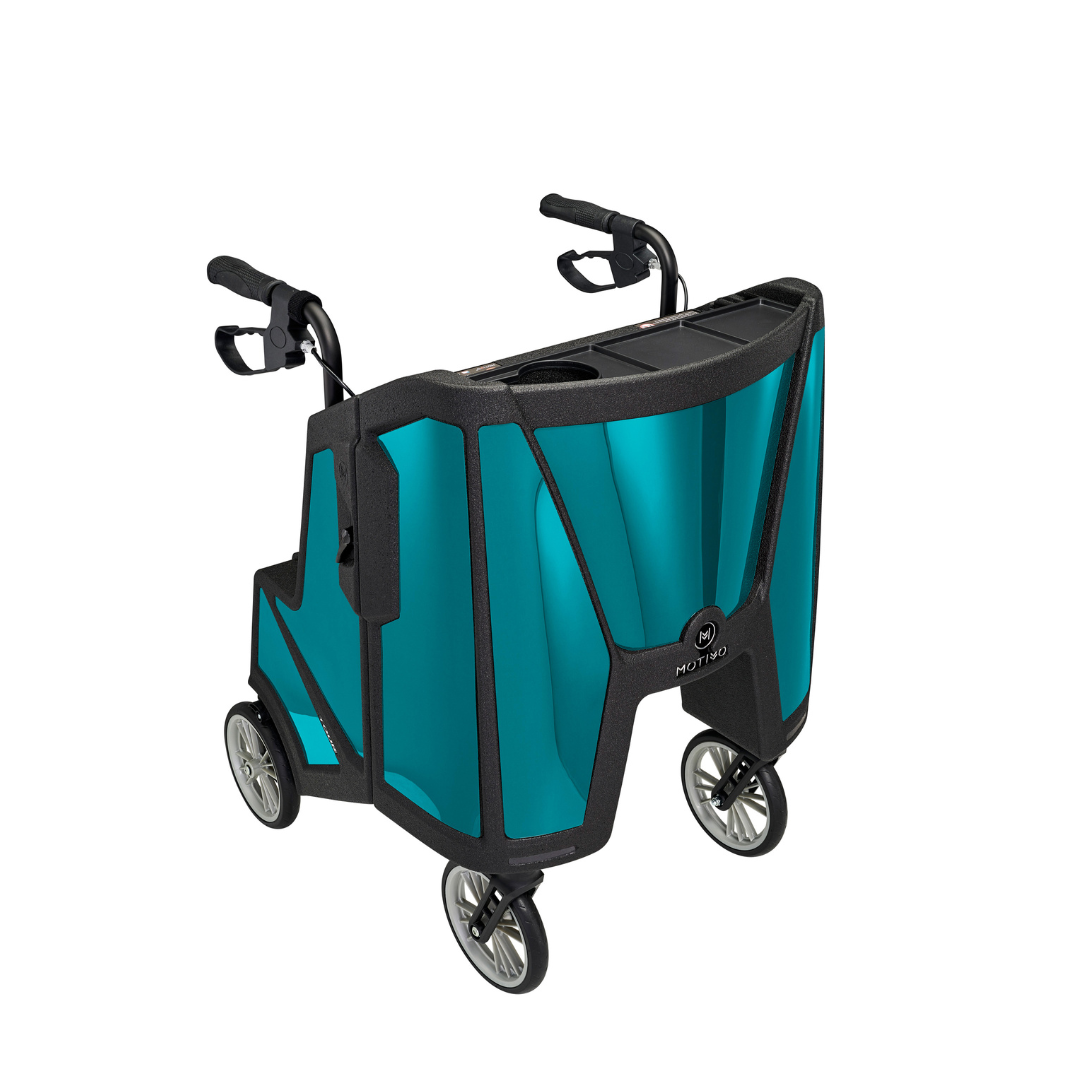 Motivo Tour Rolling Upright Walker - Folding 4-Wheel Rollator with Tray, Cup Holders, Seat & Storage - Senior.com Rollators