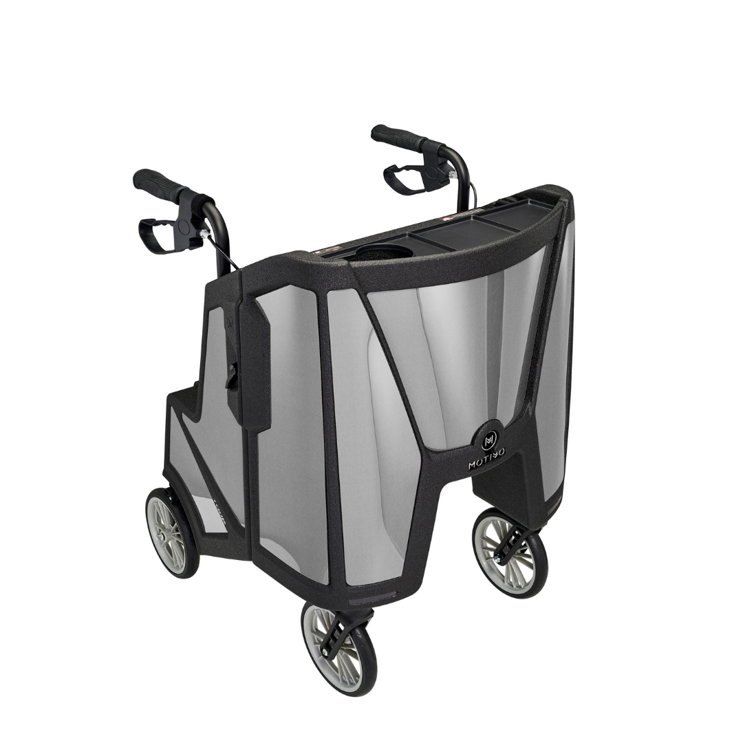 Motivo Tour Rolling Upright Walker - Folding 4-Wheel Rollator with Tray, Cup Holders, Seat & Storage - Senior.com Rollators