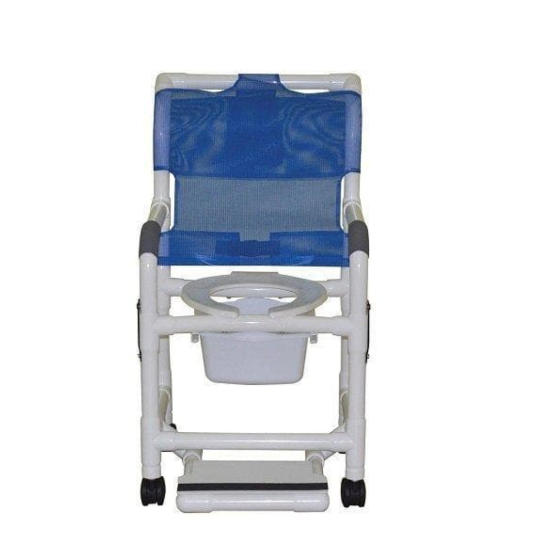 MJM International Standard Shower Chair with Drop Arms, Slide Out Footrest and Commode Pail - Senior.com Bath Benches & Seats