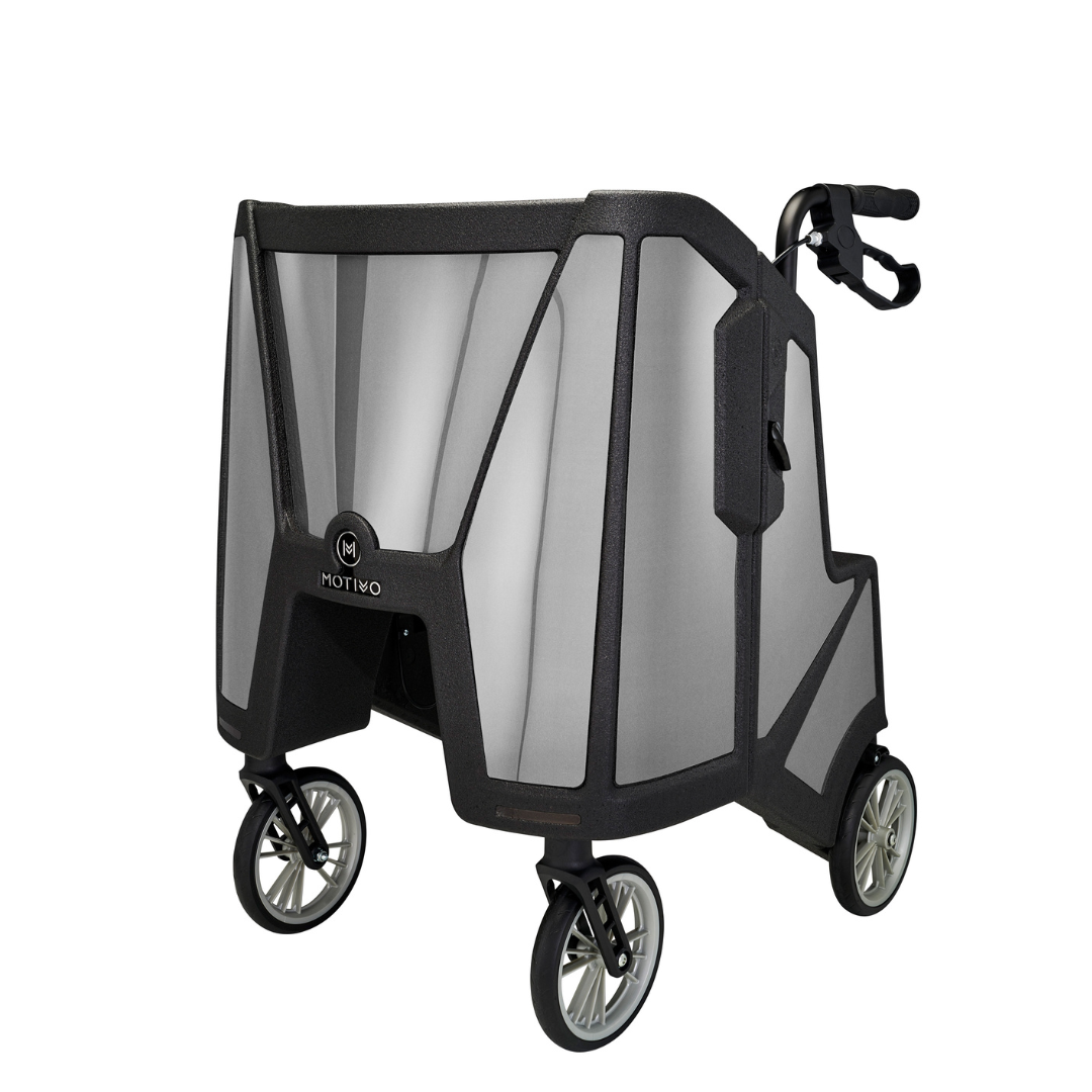 Motivo Tour Rolling Upright Walker - Folding 4-Wheel Rollator with Tray, Cup Holders, Seat & Storage - Senior.com Rollators