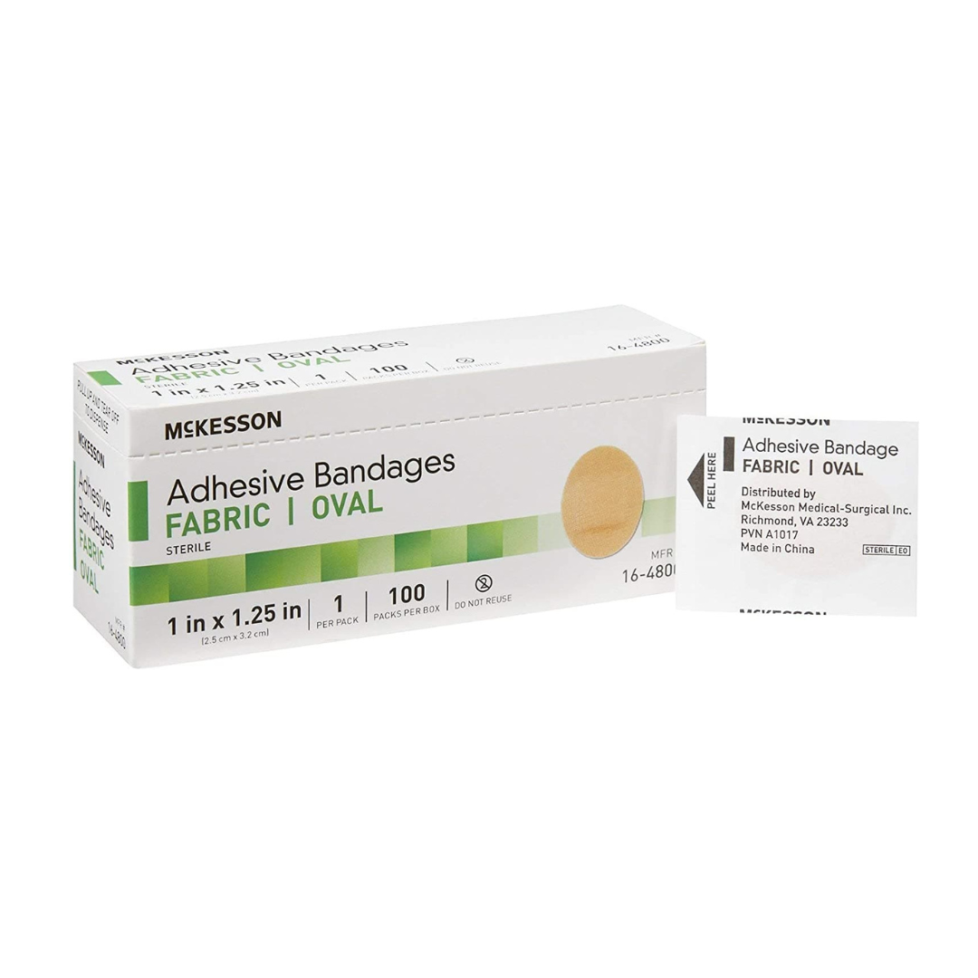 McKesson Sterile Tan Fabric Adhesive Oval Bandages -  1 X 1-1/4 Inch -  100 per Box - Senior.com Bandages