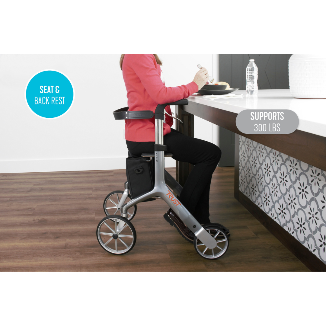 Trust Care Let’s Fly Lightweight Ergonomic Rollator - Built in Seat & Storage - Senior.com Rollators