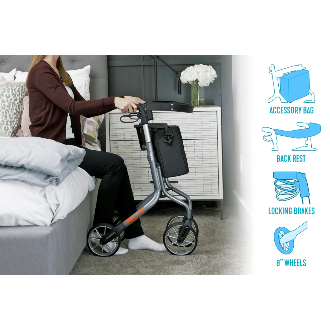 Trust Care Let’s Move Modern Folding Rollator with Seat & Storage Bag - Senior.com Rollators