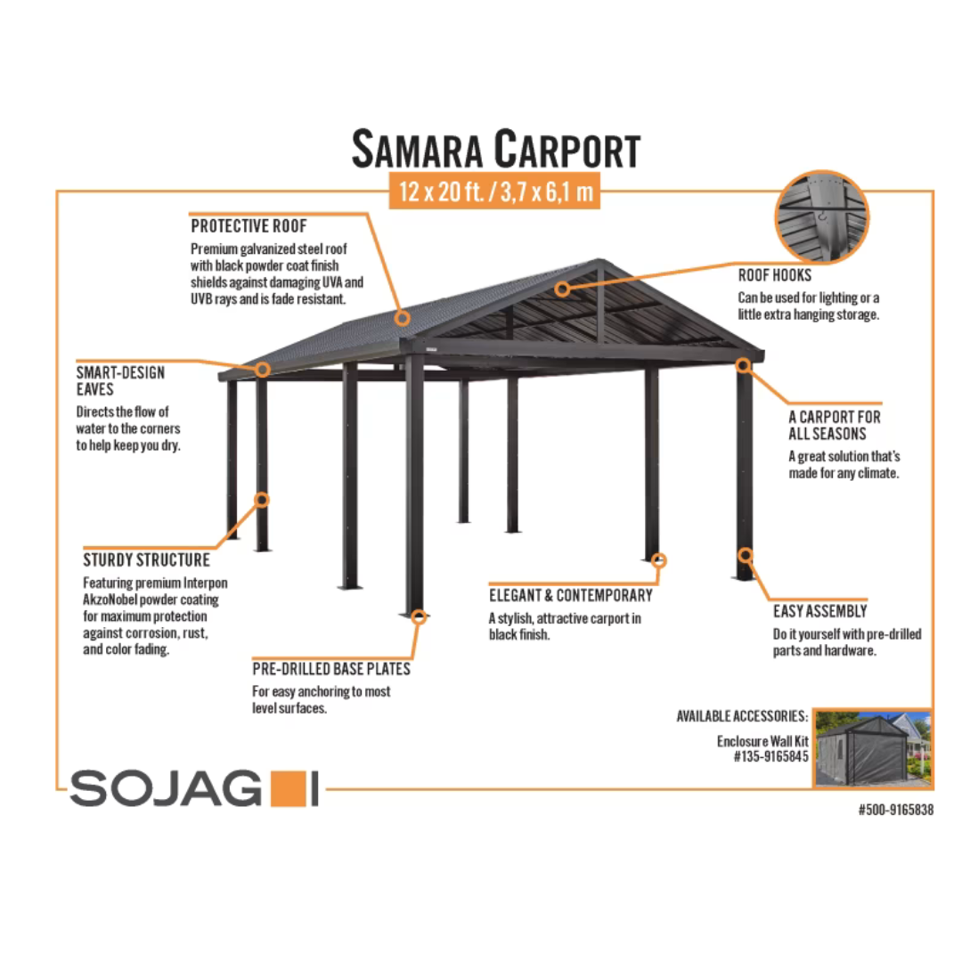Sojag Samara Carport Gazebo Building Kit - 12 x 20 Feet - All Weather Design - Senior.com Carports