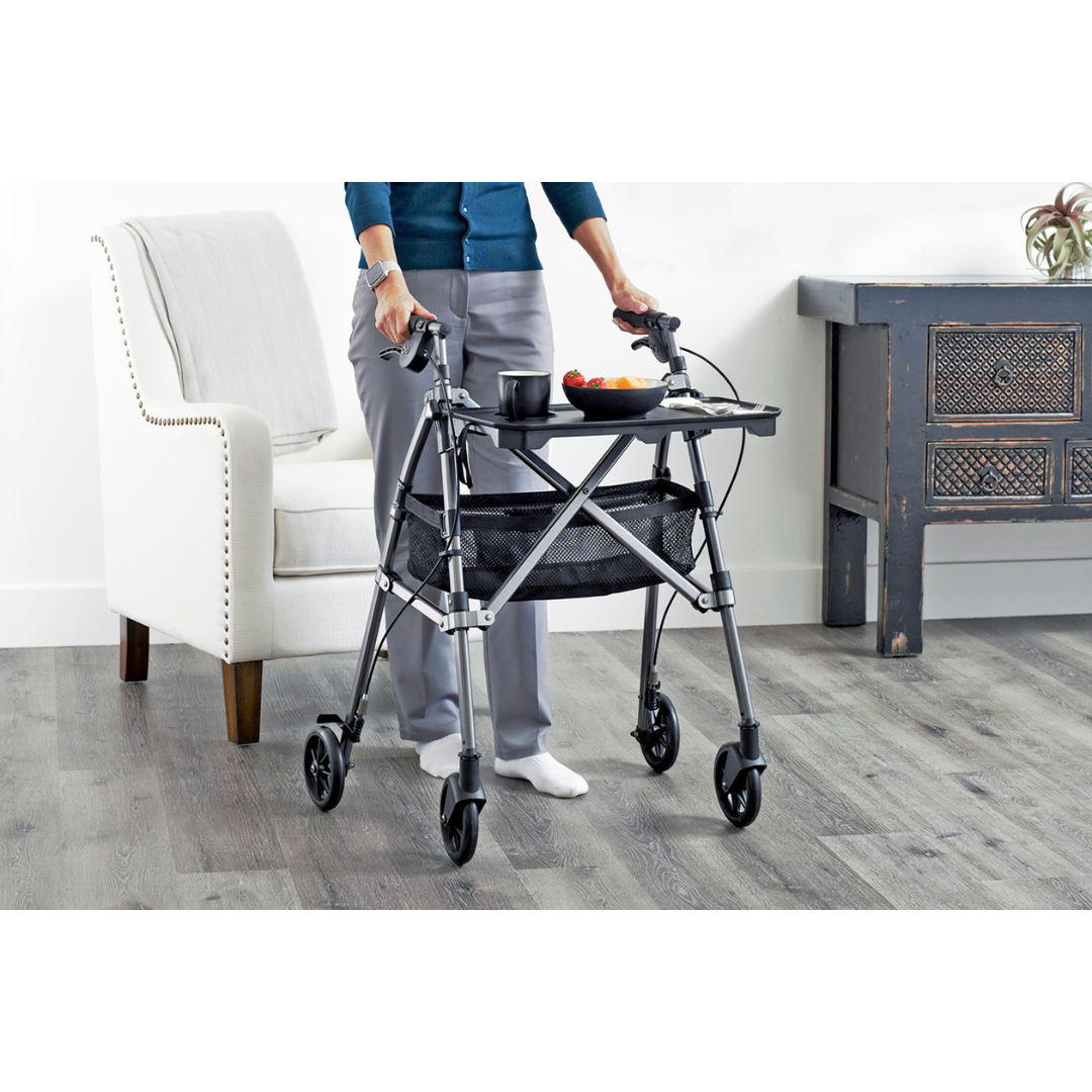 Woman Using Stander Wonder Indoor Rollator with Tray - Folding & Super Lite 4390-BW