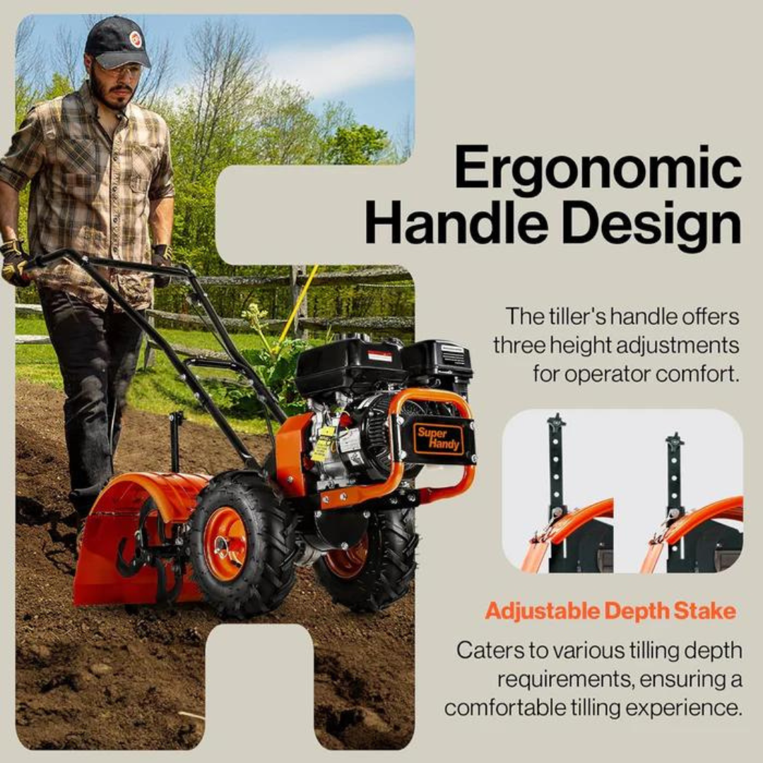 SuperHandy 7HP Rear Tine Tiller - 16" Tilling Width, 12" Depth - Advanced Soil Cultivator for Efficient Garden Prep