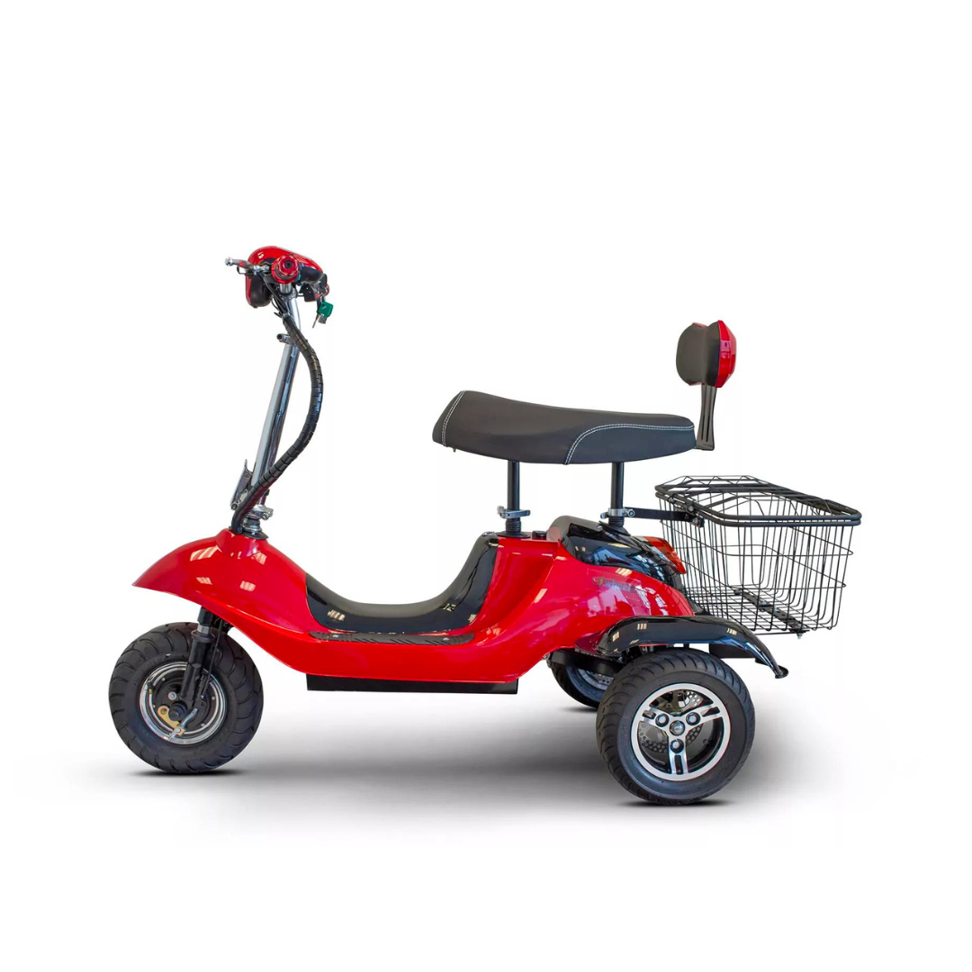 EWheels Sporty Folding Electric 3 Wheeled Scooter with Rear Basket – 15 MPH EW-19 Red side