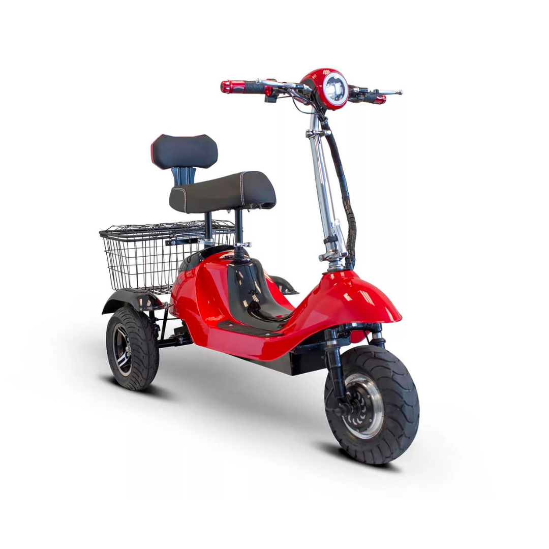 EWheels Sporty Folding Electric 3 Wheeled Scooter with Rear Basket – 15 MPH EW-19 Red