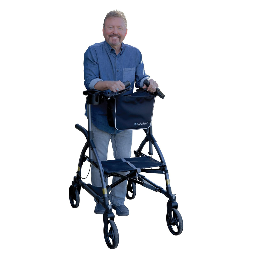 LifeWalker Mobility UPWalker - Innovative Upright Folding Rolling Walker man using rollator