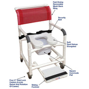 MJM International Wide Shower Chair with Total Lock Casters, Soft Seat, Safety Belt, Commode Pail and Slide Out Footrest - Senior.com Shower Chairs
