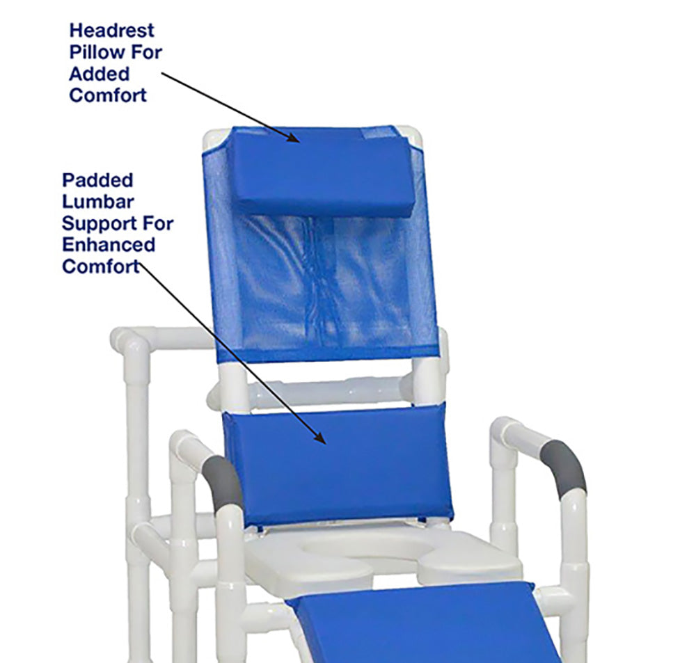 MJM International PVC Echo Reclining Padded Shower Chair with Commode Opening - Senior.com PVC Shower Chairs