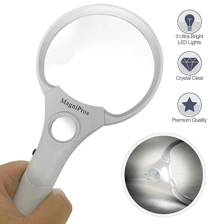 Magnipros 3 Ultra Bright LED Lights with 3X 4.5X 25X Power Magnifying Glass with Light - Senior.com Handheld Magnifiers