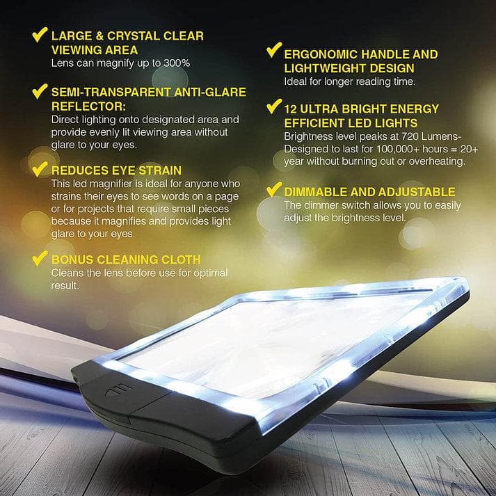 Magnipros Rechargeable 3X Large Ultra Bright LED Page Magnifier with 12 Dimmable LEDs - Senior.com Handheld Magnifiers