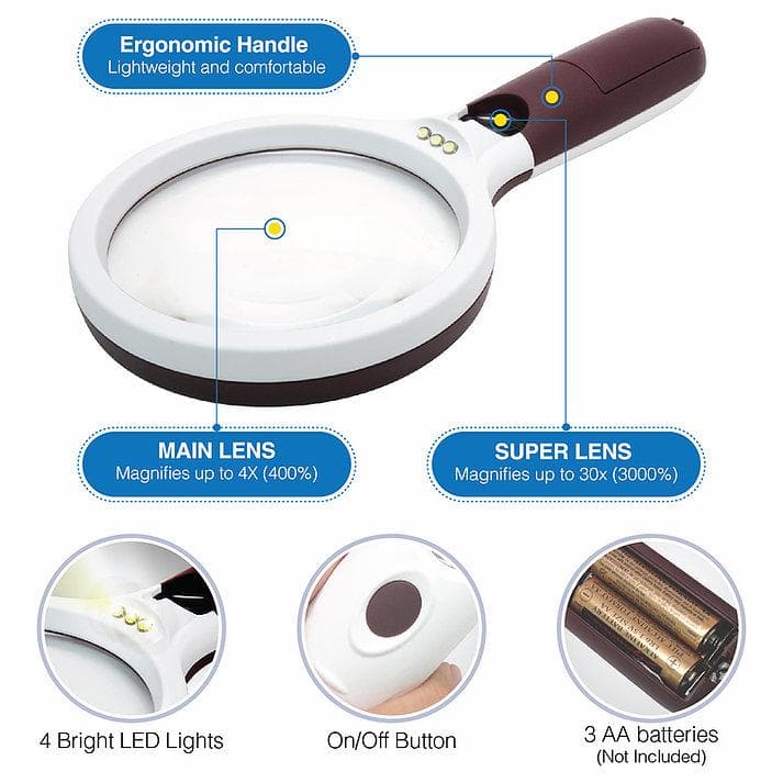 Magnipros Extra Large 4X Magnifying Glass - 4 Ultra Bright LED Lights