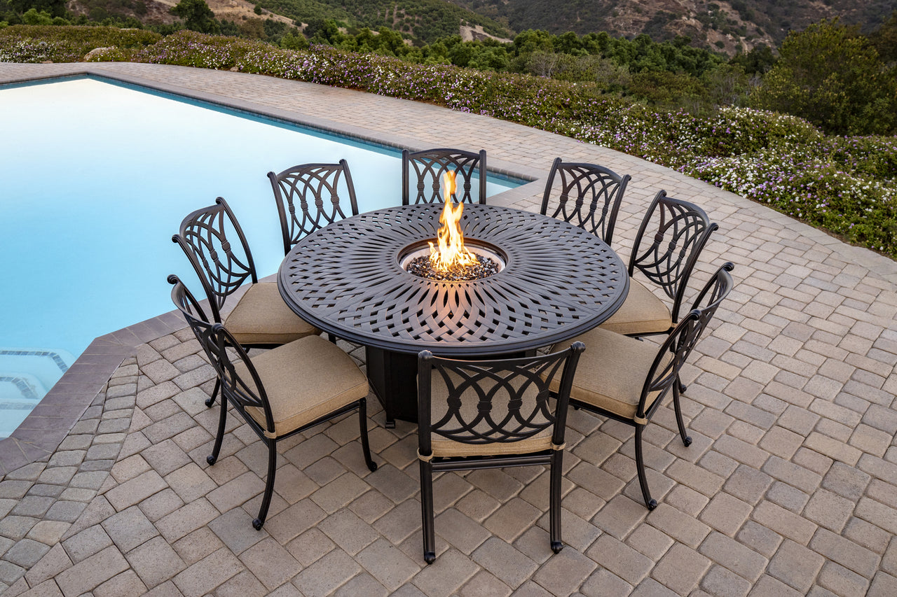Comfort Care 64" Round Dining Table w/ Fire Pit and 8 Chairs - Senior.com Outdoor Dining Sets