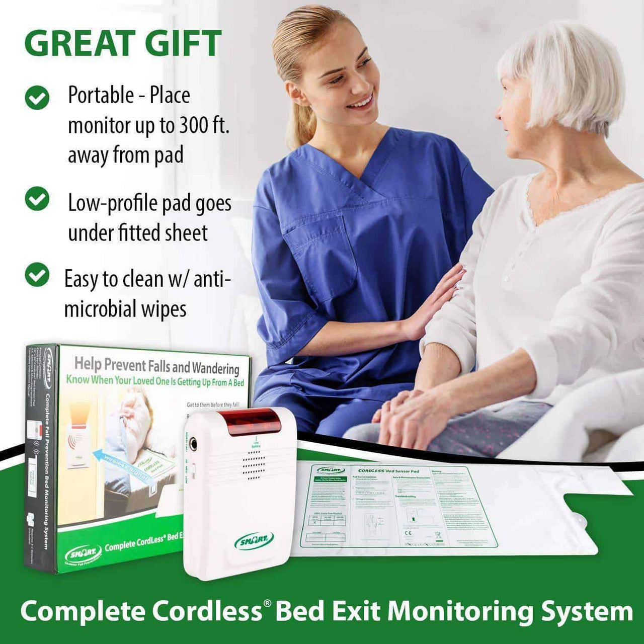 Smart Caregiver Cordless Bed Exit Monitoring System Alarm with Bed Pressure Sensing Pad - Help Prevent Falls & Wandering While Unattended - Senior.com Patient Monitors