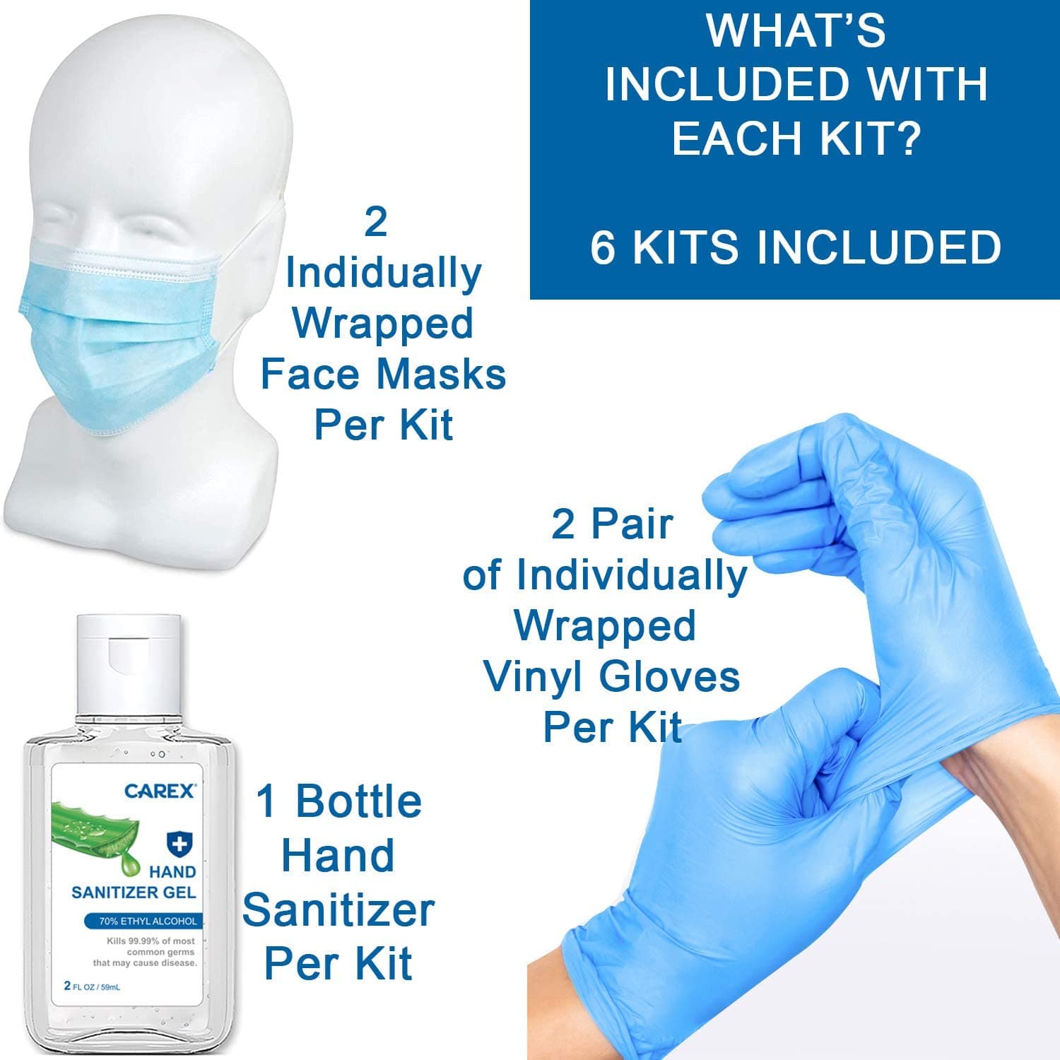 Carex PPE Portable Kit - 2 Pair Gloves, 2 Face Masks, 1 Bottle Sanitizer - Senior.com PPE Kits