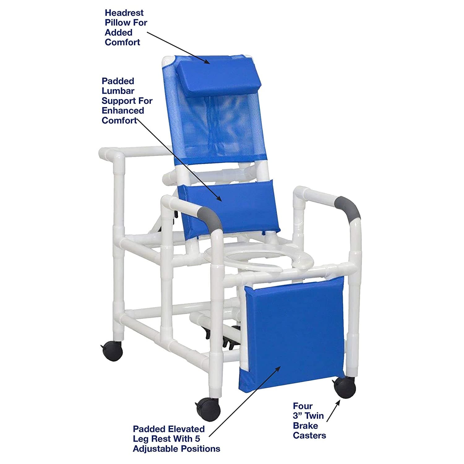 MJM International PVC Echo Reclining Rolling Shower Chair with Commode Opening - Senior.com PVC Shower Chairs