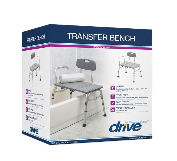 Drive Medical Three Piece Transfer Bench - Gray with Suction Cup Feet - Senior.com Transfer Equipment