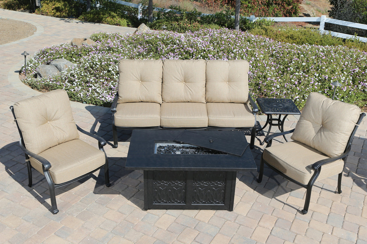 Comfort Care 5 Piece Outdoor Sofa Set with Fire Table - Senior.com Outdoor Furniture Sets