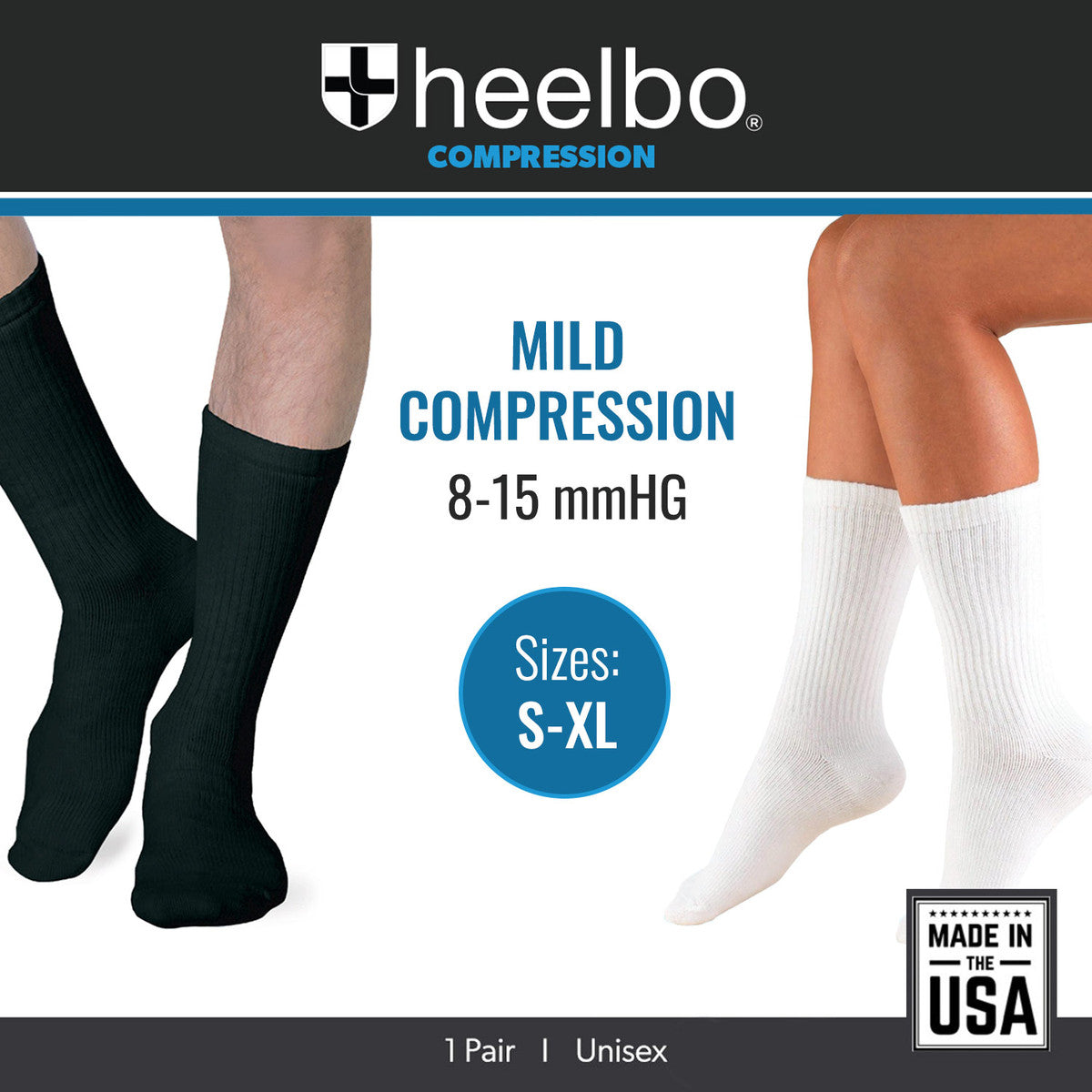 Heelbo Unisex Diabetic Compression Crew Length Socks - Black or White - Senior.com Compression Socks