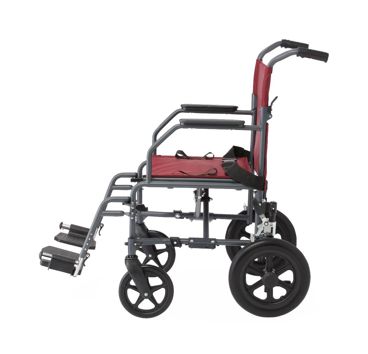 Medline Basic Steel Folding Transport Chair with 12" Wheels - Gray and Burgundy - Senior.com Transport Chairs