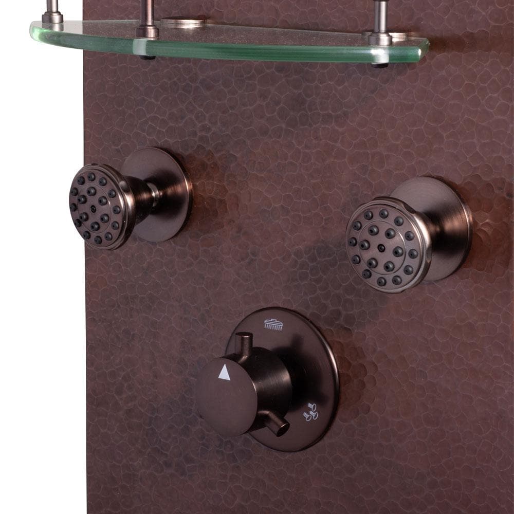 Pulse ShowerSpas Navajo ShowerSpa Panel with 8" Rain Showerhead, 4 Body Spray Jets, 5-Function Hand Shower, Glass Shelf, Hand Hammered Copper with Oil-Rubbed Bronze Finish - Senior.com Shower Systems