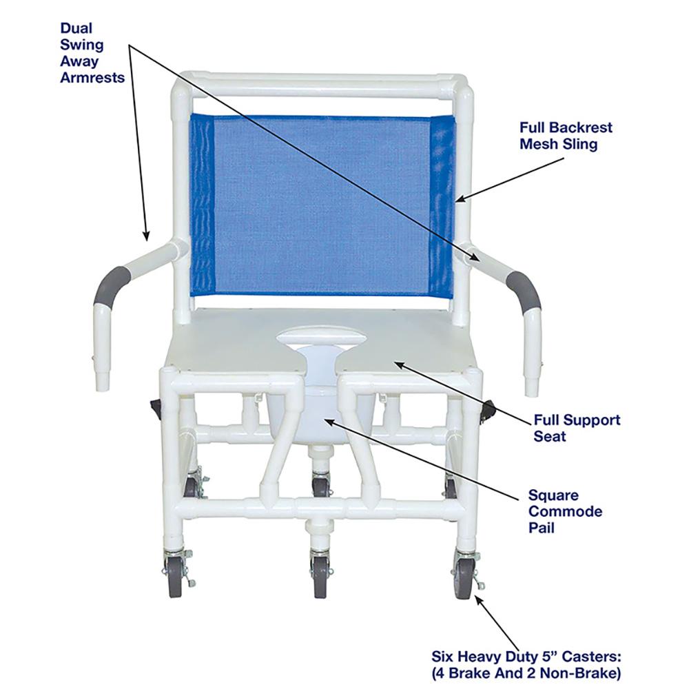 MJM Wide PVC Rolling Shower Chair with Dual Swing Away Arms and Commode - Senior.com PVC Shower Chairs